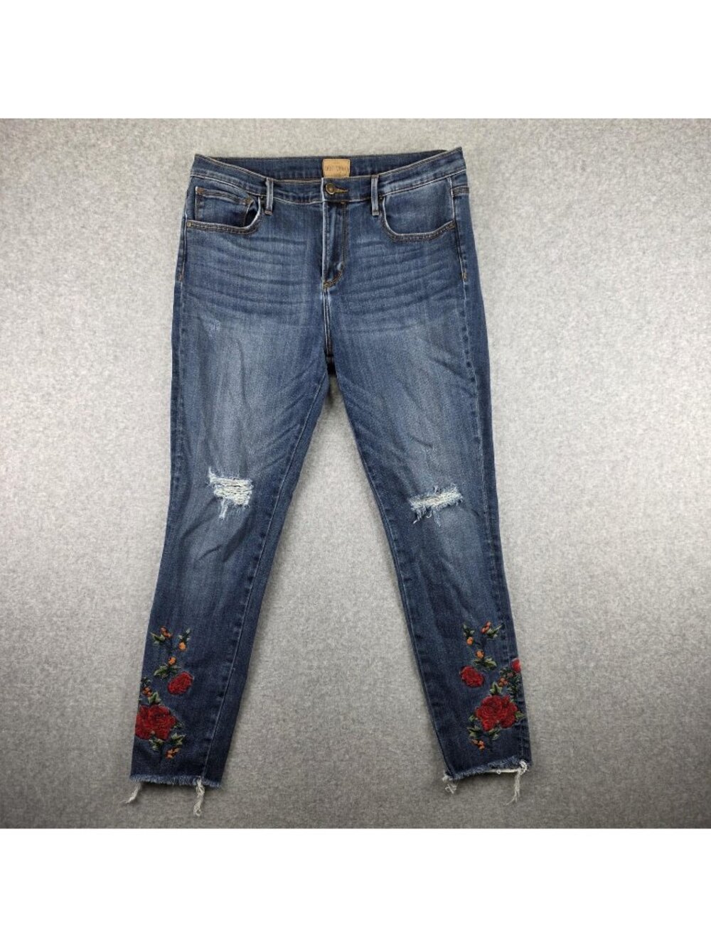 Driftwood Embroidered Floral Skinny Jeans Womens 31 Mid Rise Stretch Blue Denim